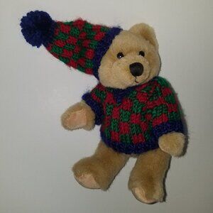 VTG Hugfun Brown Teddy Bear Plush Jointed 8" Stuffed Toy 2000 Knit Sweater Hat